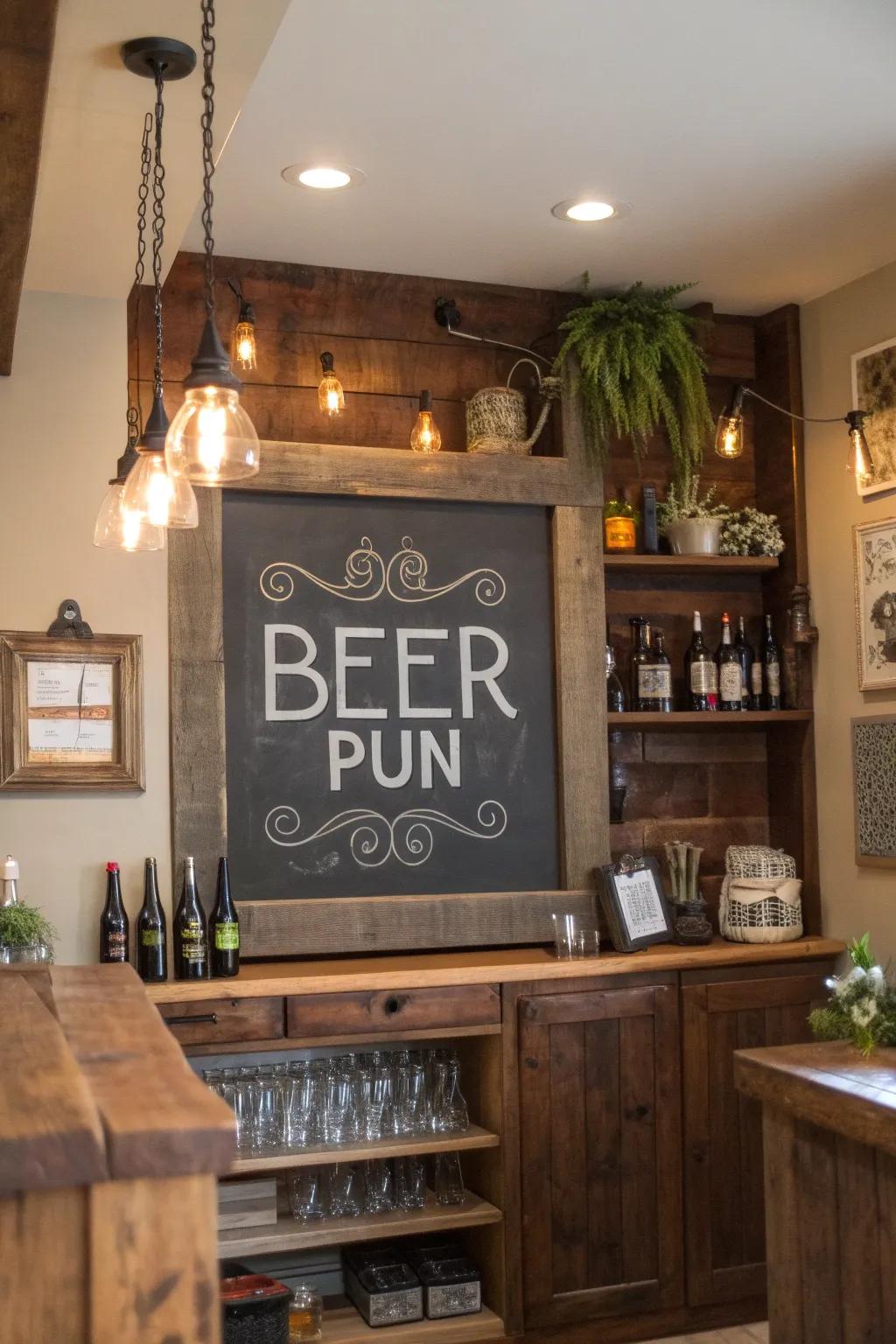 A board with a witty drink joke provides a playful touch to any bar.