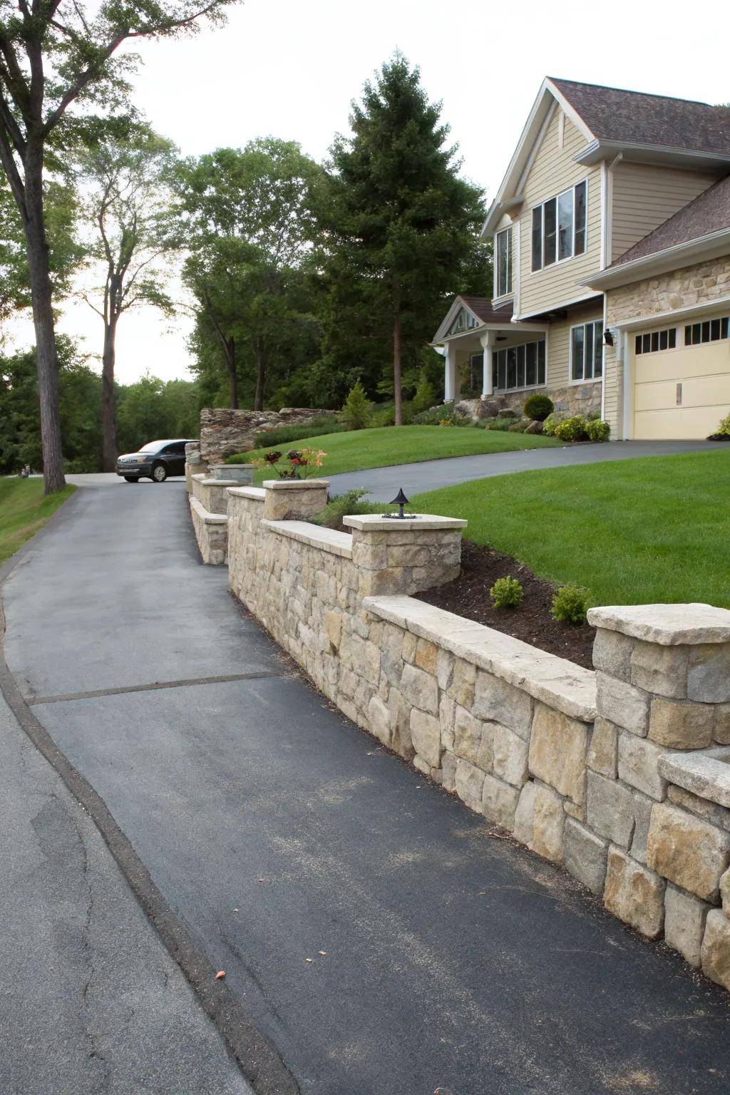 An elegant driveway featuring stone retaining walls that effectively manage elevation.