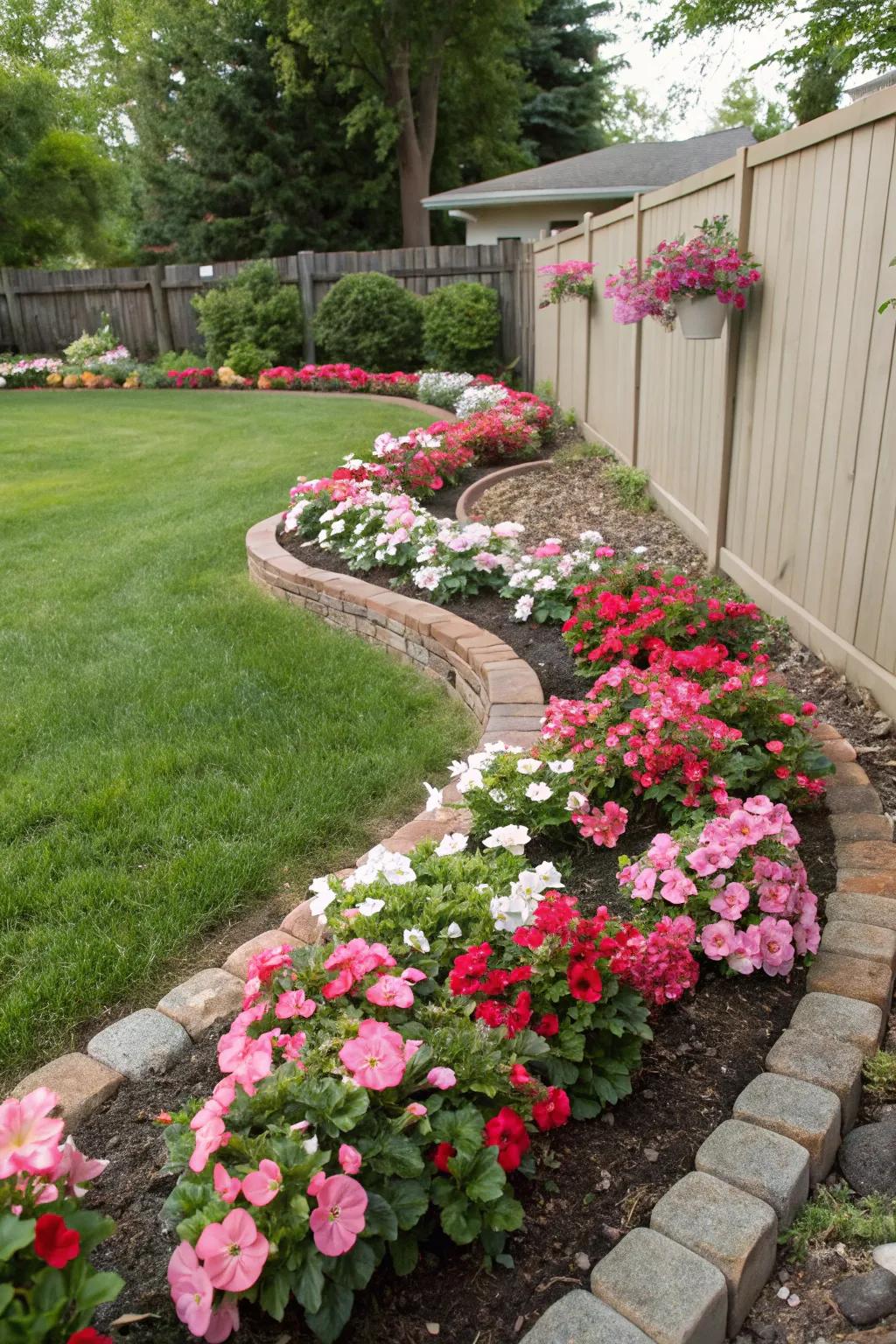 Arched begonia patches provide a flowing and welcoming garden environment.