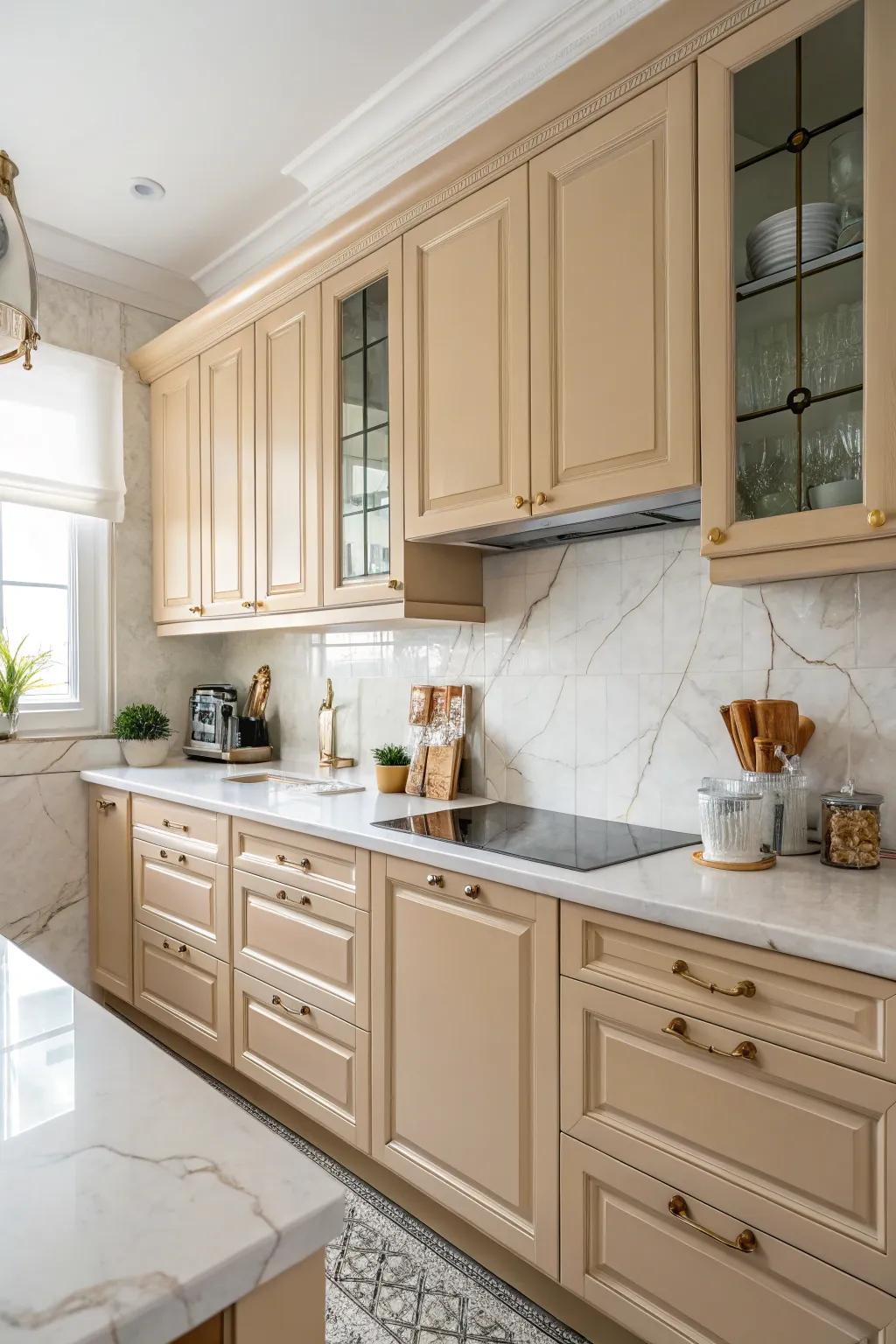 Gentle beige cabinets complement the white marble worktops to perfection.