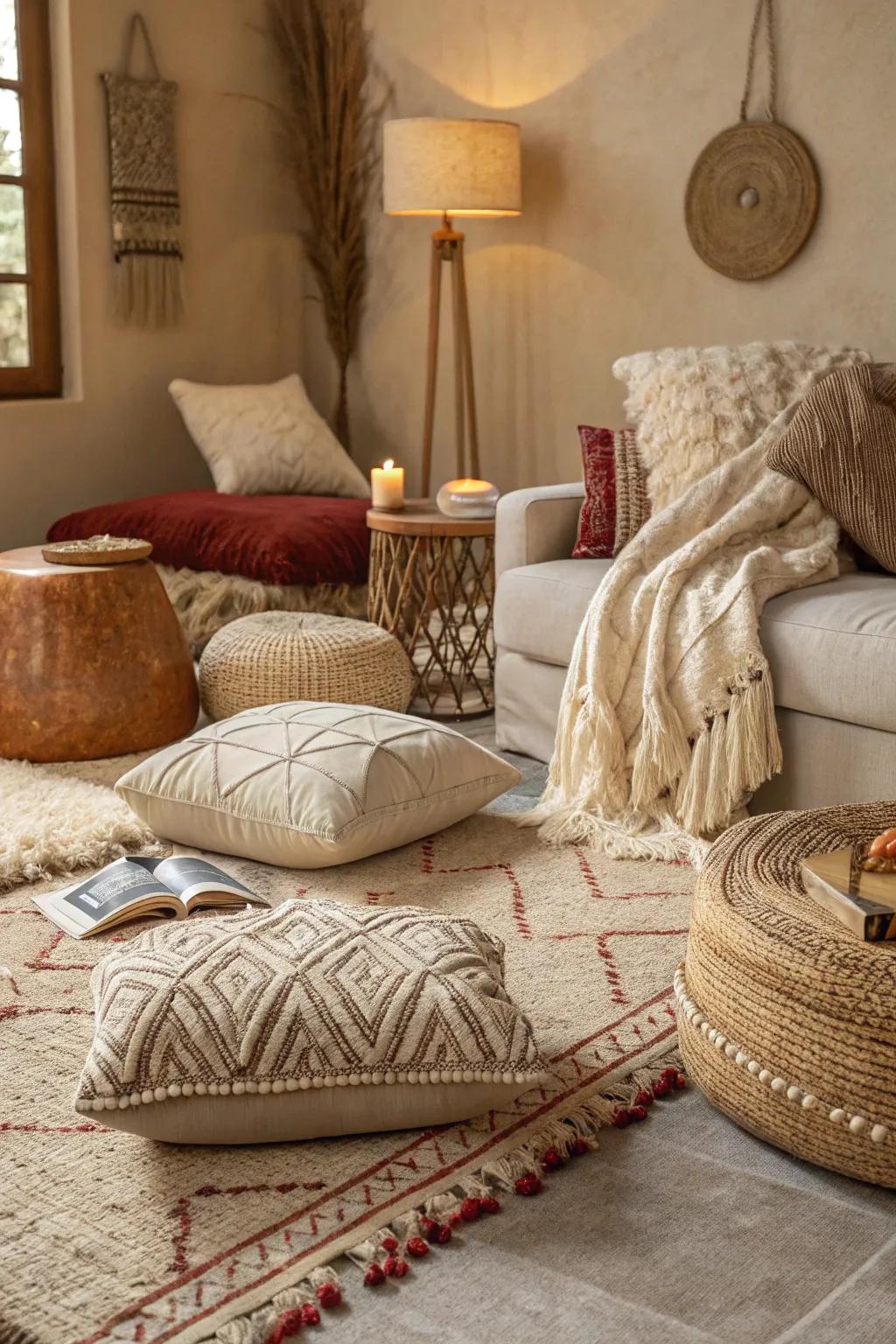 Diverse textures introduce a sense of comfort and complexity within this beige living area.