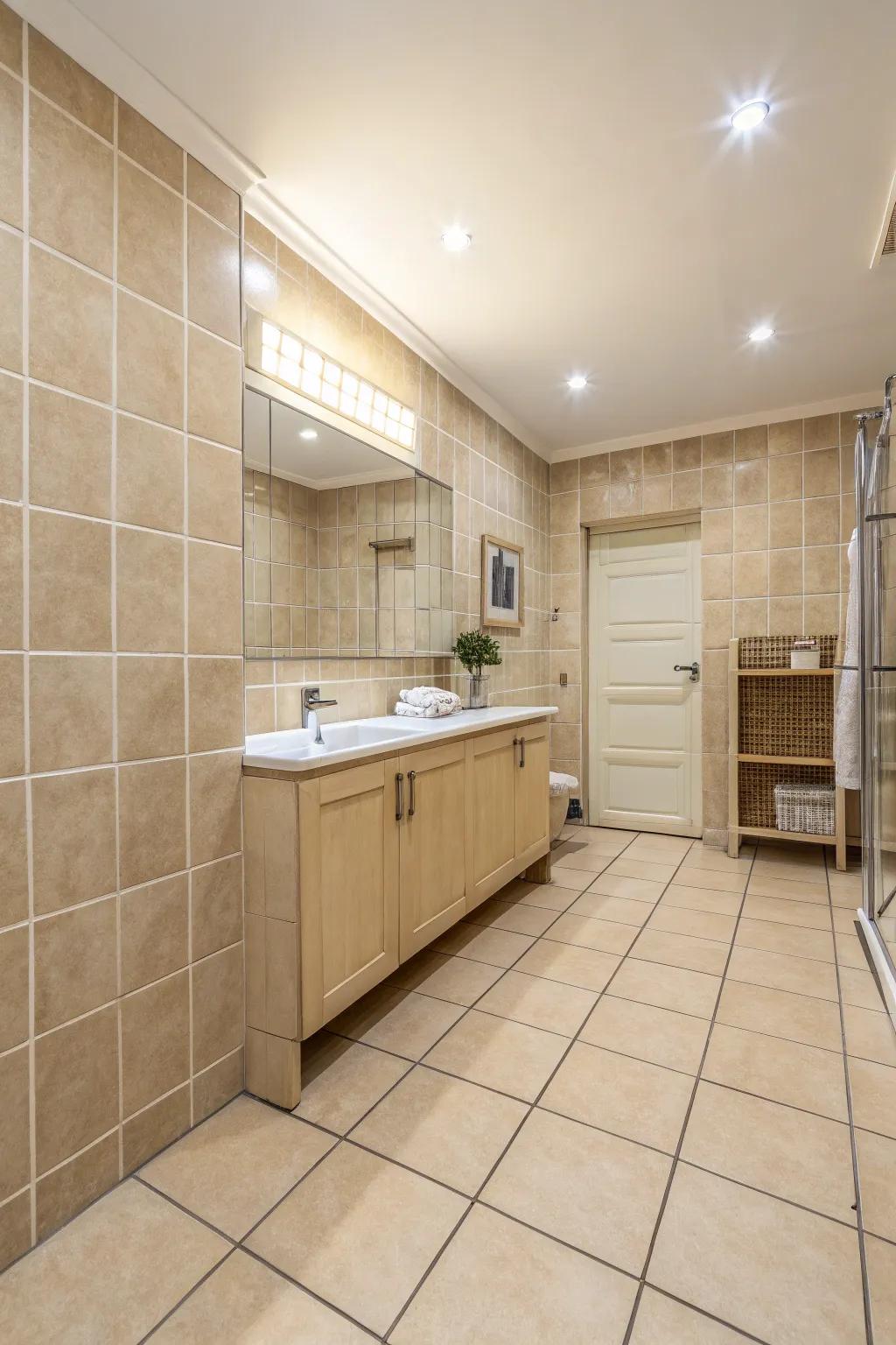 Achieve an uninterrupted haven with an all-over neutral tile design.