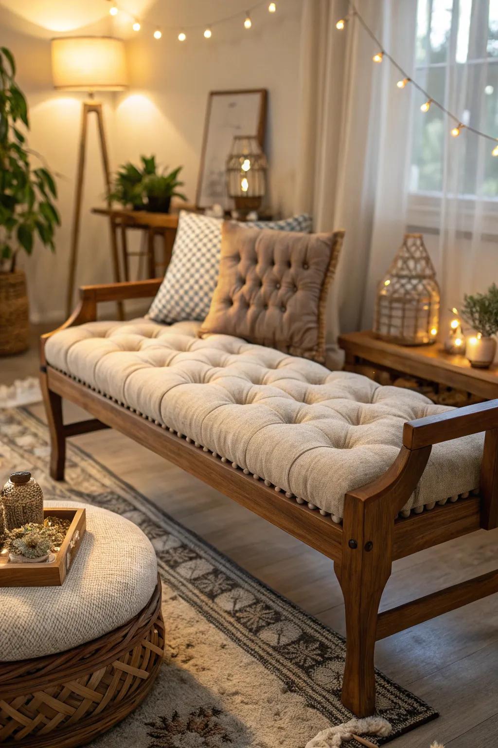 A tufted cushion imparts ageless elegance to any bench.