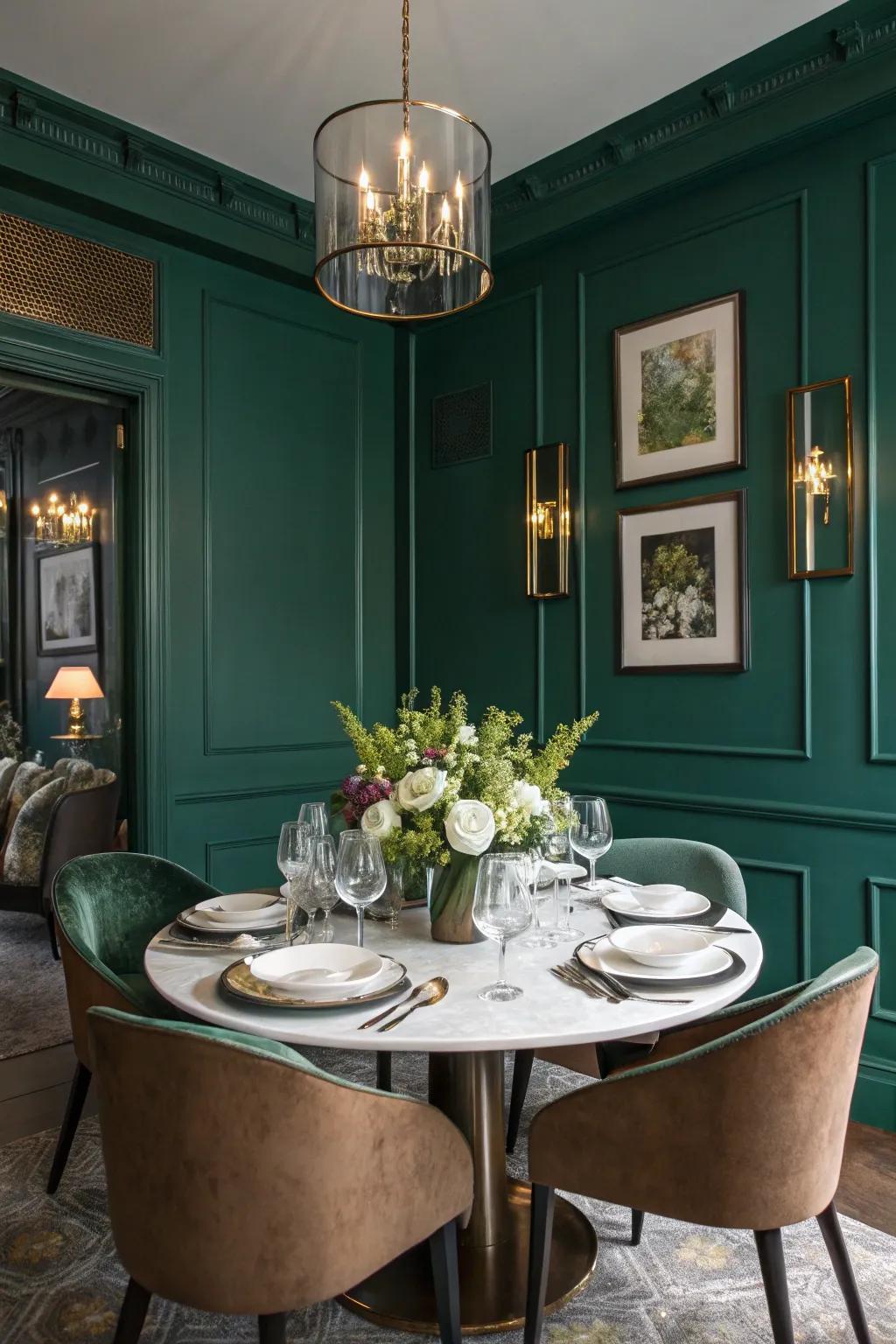 Jewel-toned colors create a luxurious and welcoming dining atmosphere.