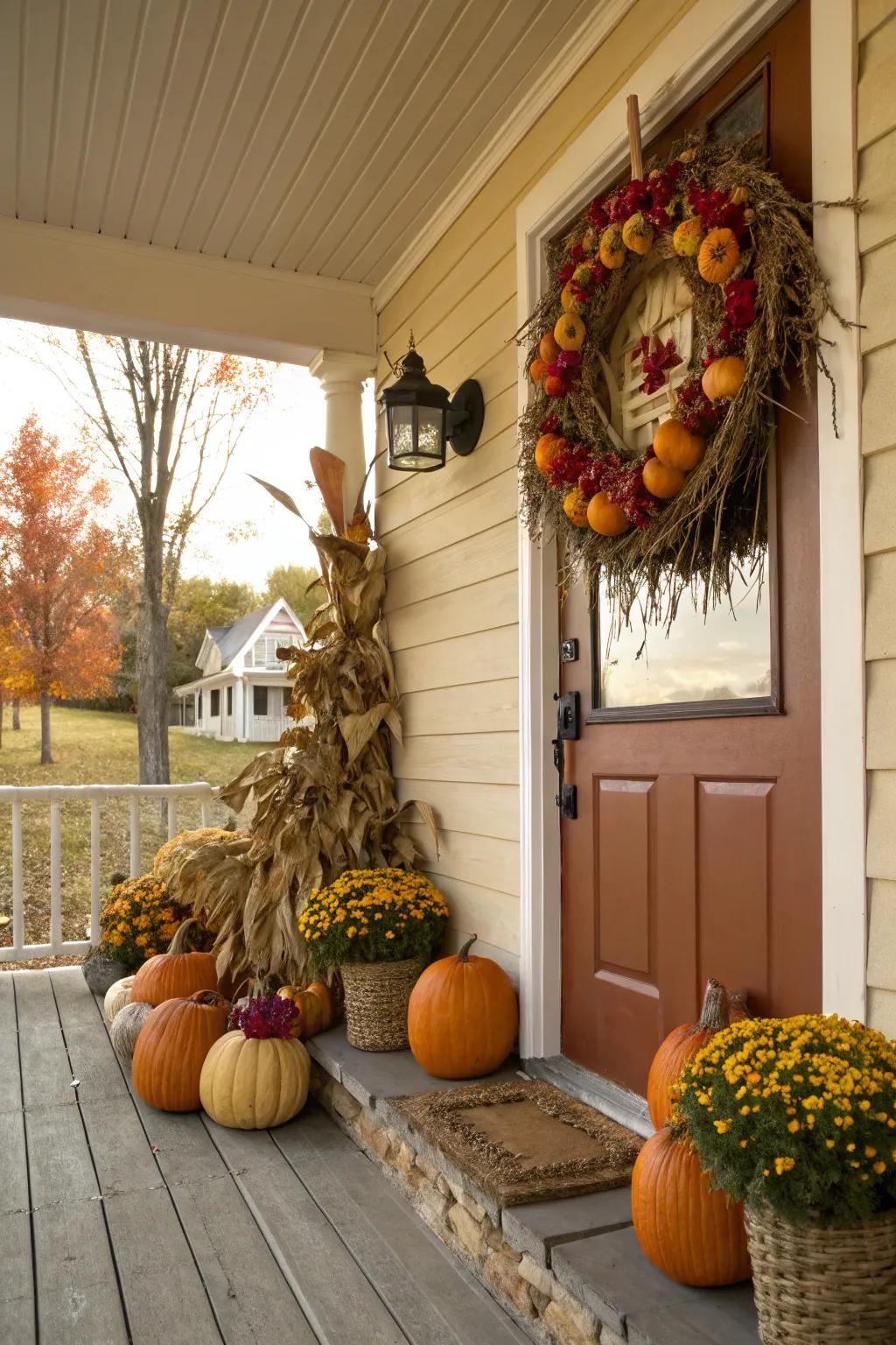 Welcome visitors with an inviting porch filled with gourds and autumn beauty.