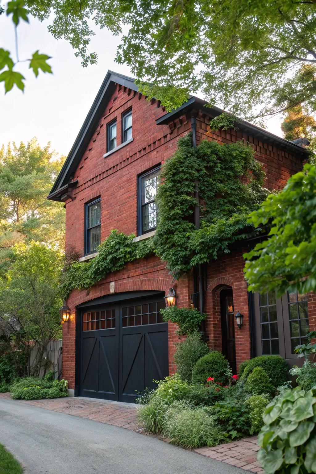 A bold ebony garage door brings a sense of elegance to homes with red brick.
