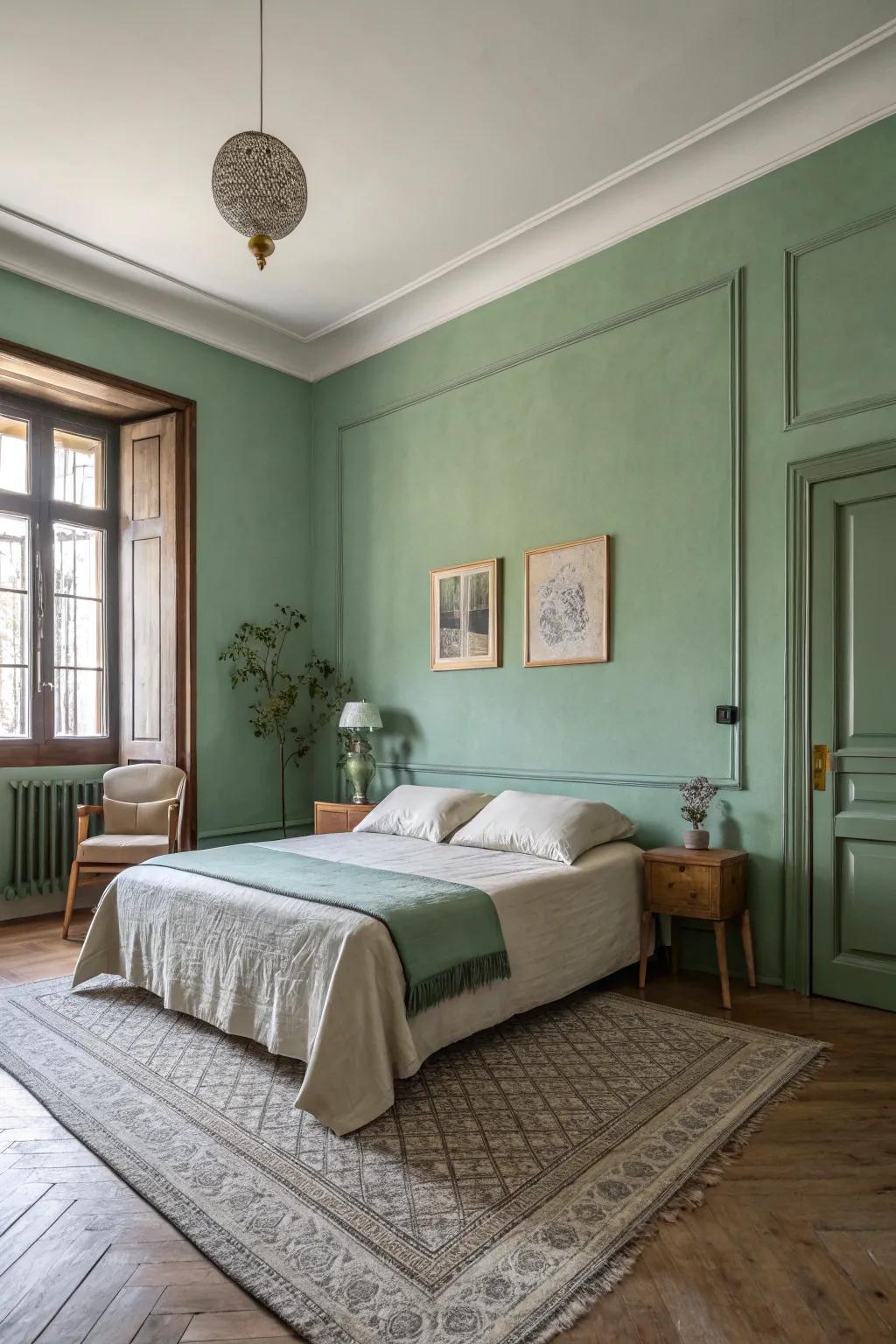 A bedroom oasis with calming sage green walls.