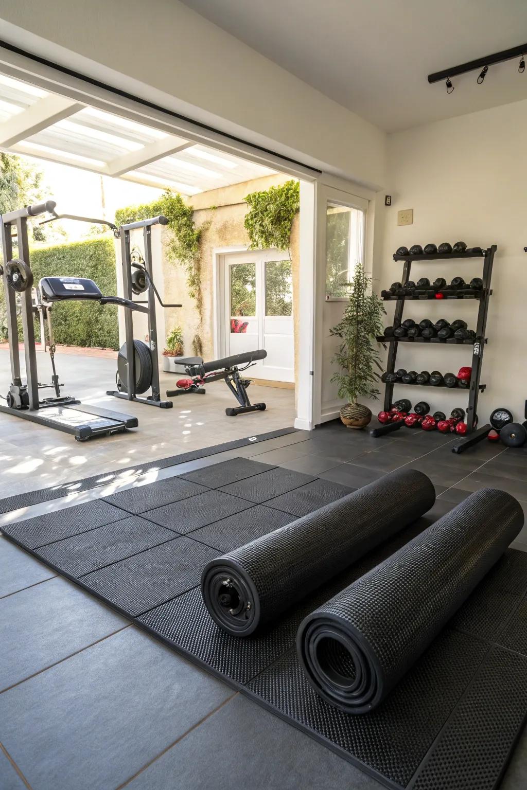 Rubber rolls provide resilience and a streamlined appearance for your home fitness area.