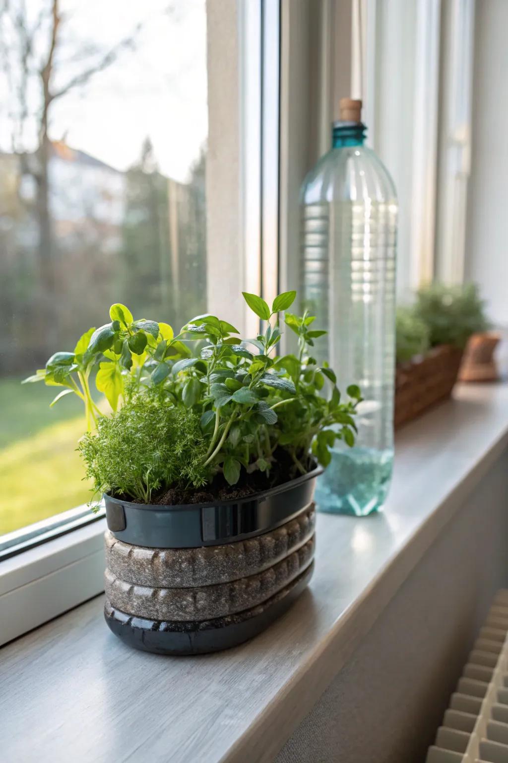 Transforming plastic bottles into adorable planters for a touch of green.