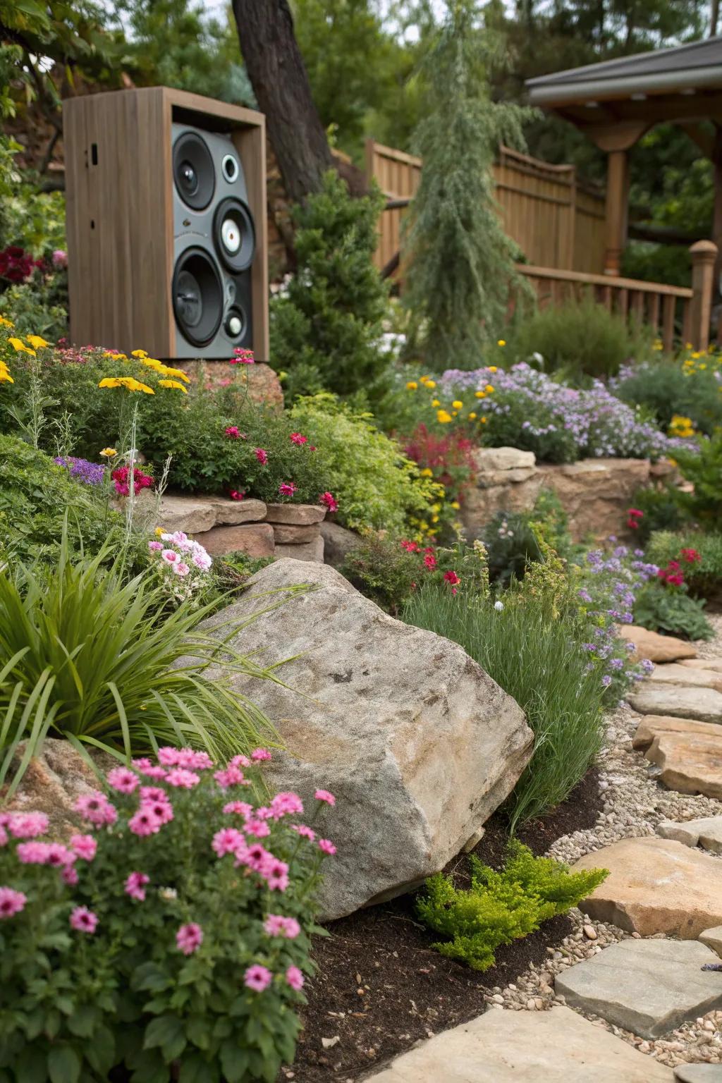Speakers cleverly disguised as rocks blend harmoniously into garden environments.