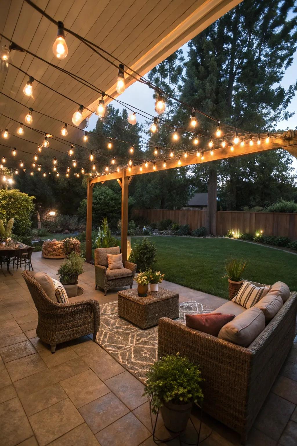 String lights provide a warm radiance to open-air settings.