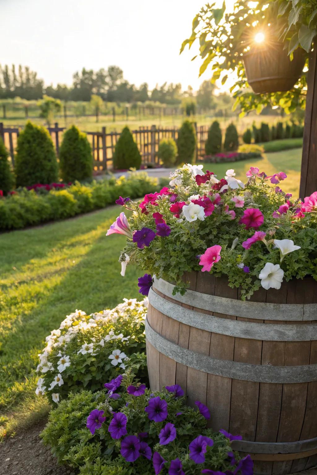 A whiskey barrel overfilled with colorful, flowing petunias.
