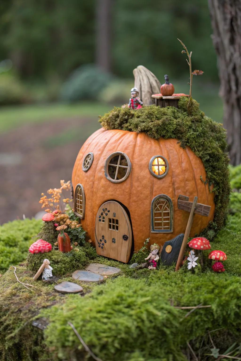 Design a captivating fairy home from an ordinary pumpkin.