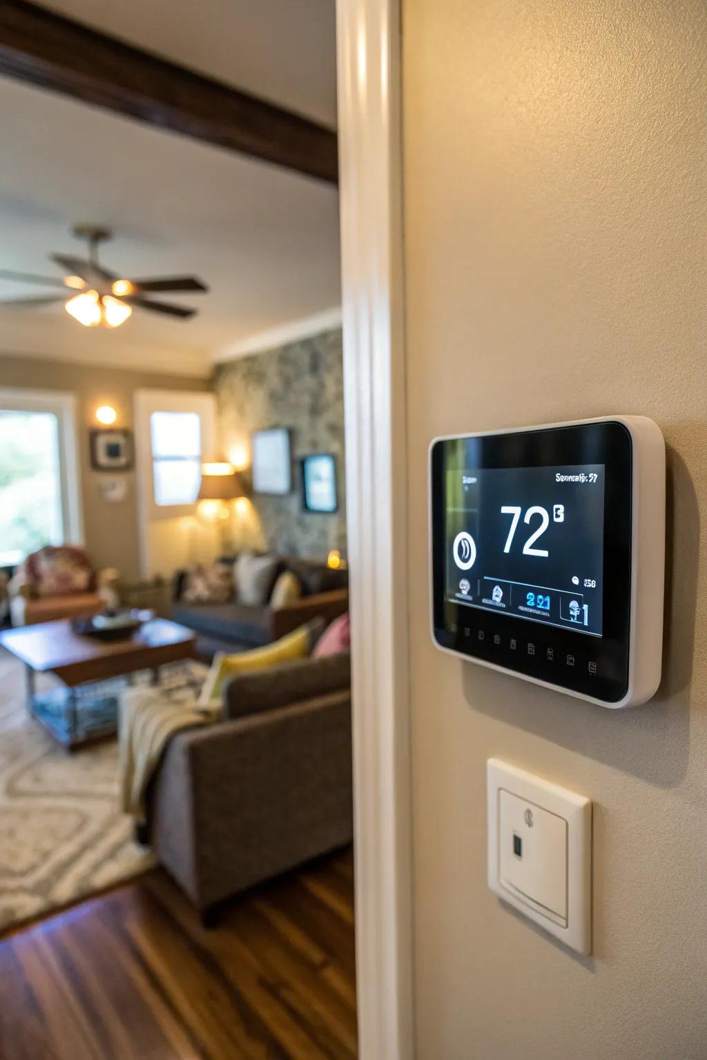 An intelligent climate system is tastefully presented on a living room wall, maximizing home energy use.