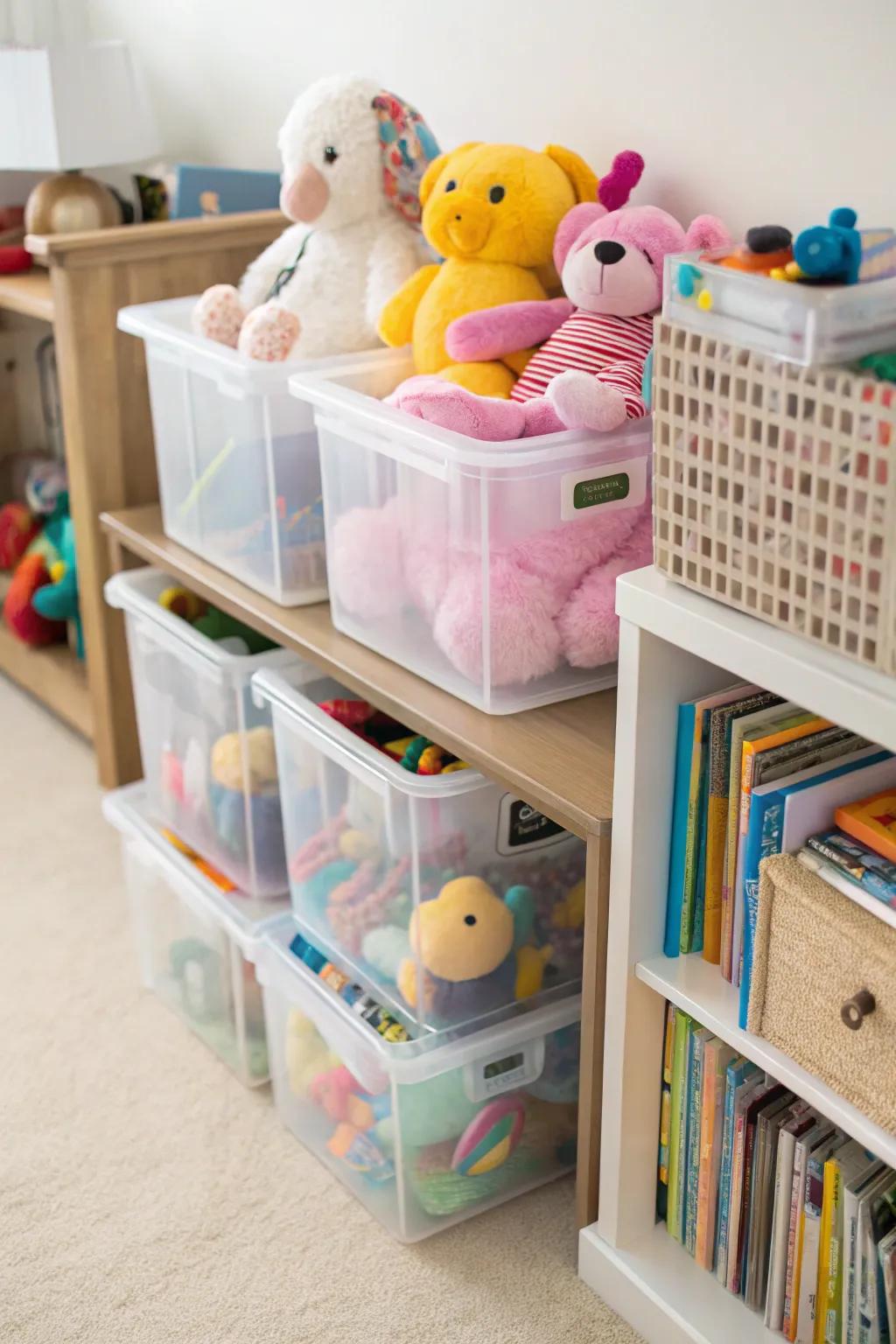 Stuffed animals are visible and arranged in clear bins.