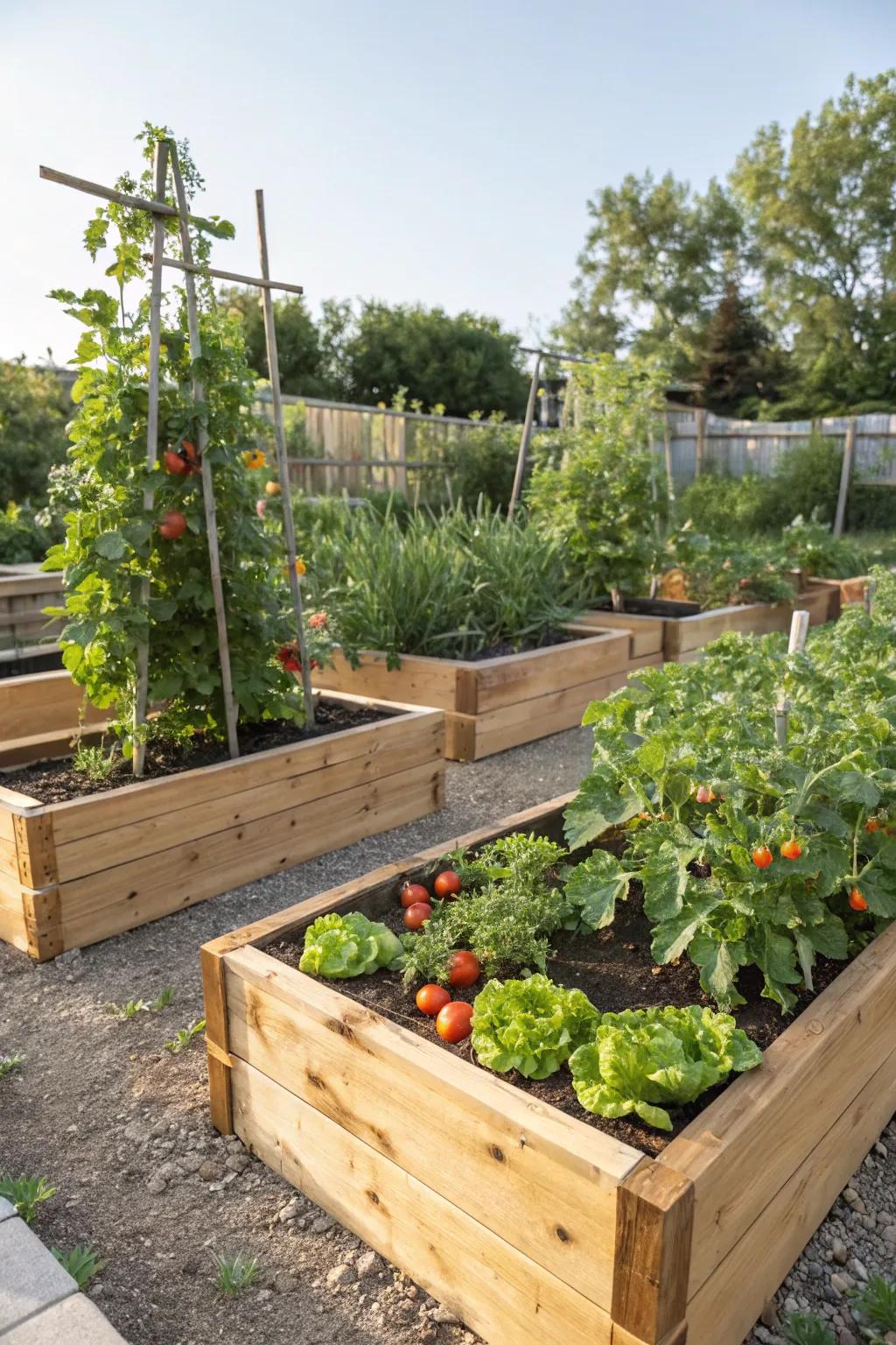 Cedar lumber elevated garden plots provide durability and aesthetic appeal.