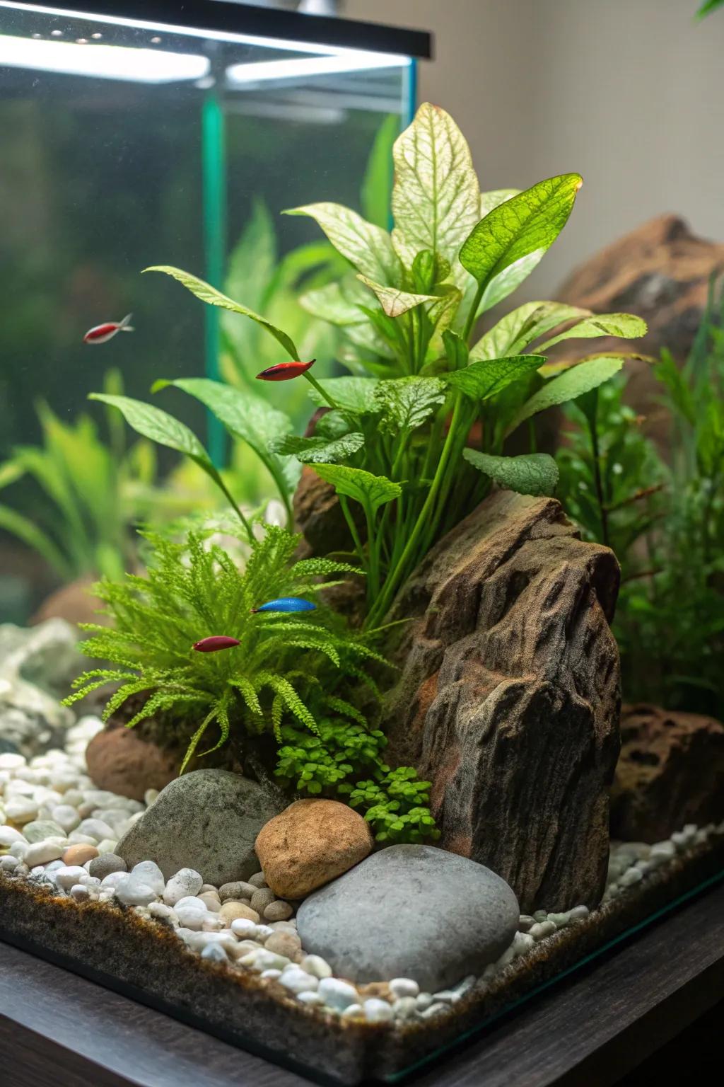 An energetic aquatic garden with real plants, ideal for your betta.