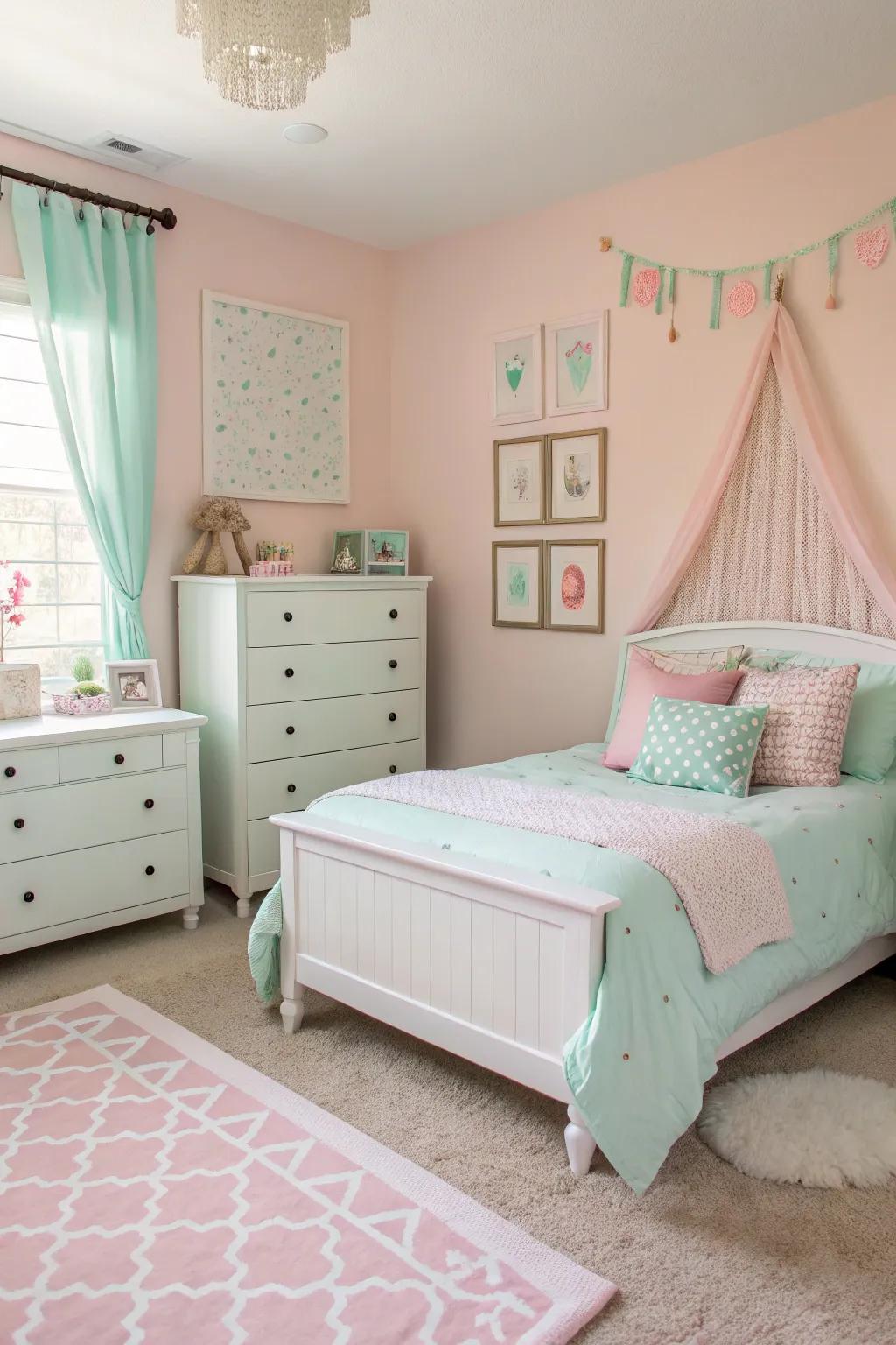 A gentle pastel color scheme encourages relaxation and coziness.