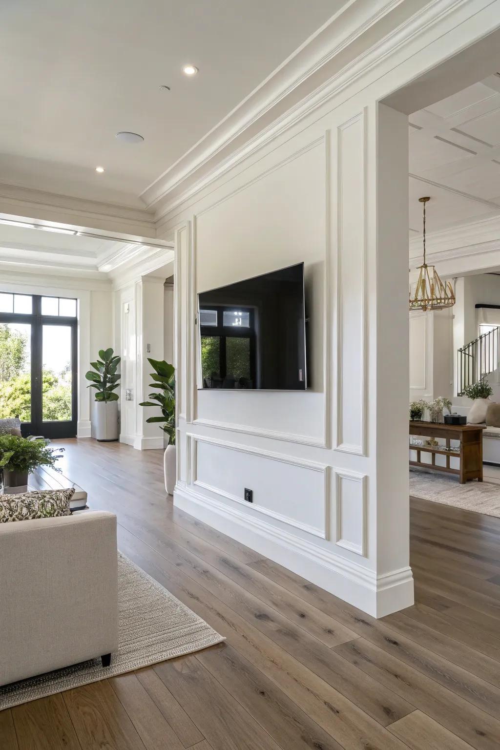 A TV mounted on the wall enhances the sleekness of a modern living area.