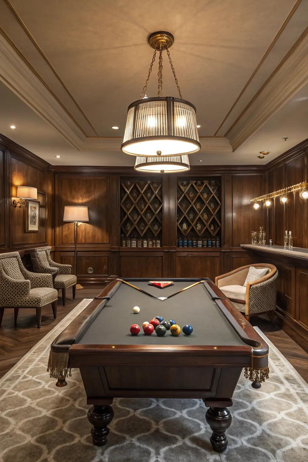 A distinctive billiard table serving as the centerpiece in a stylish billiard room.