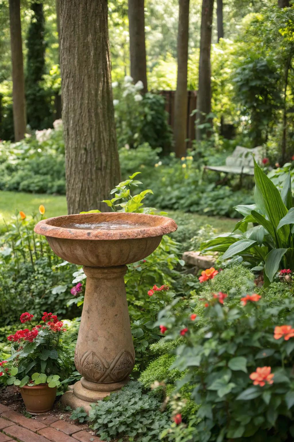 An earthenware bird bath bringing a rustic essence to a lively garden.