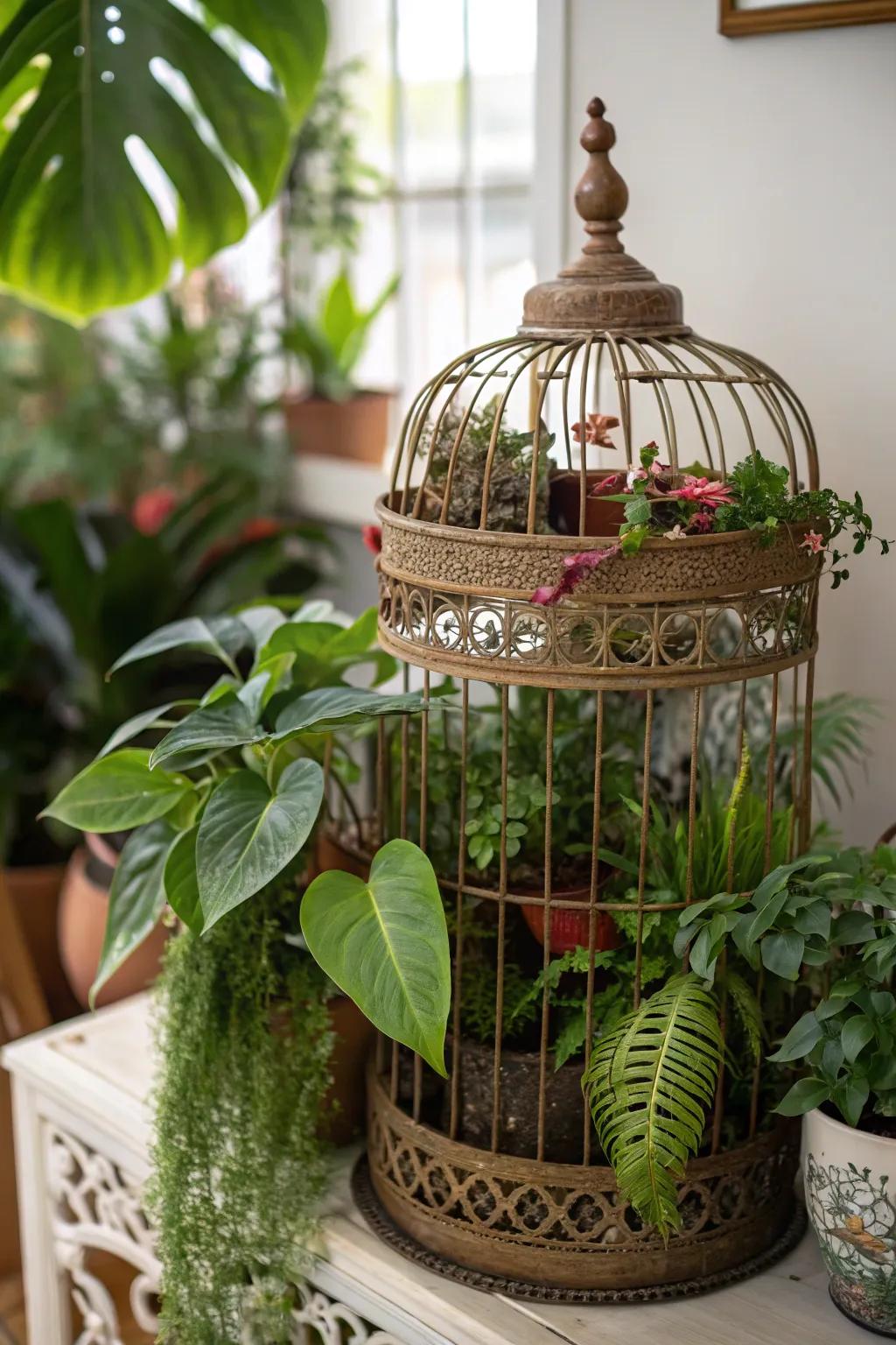 A vintage bird cage converted into a flourishing indoor green space.