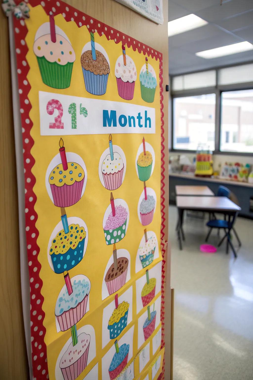 Cake-themed birthday board, arranged by month.