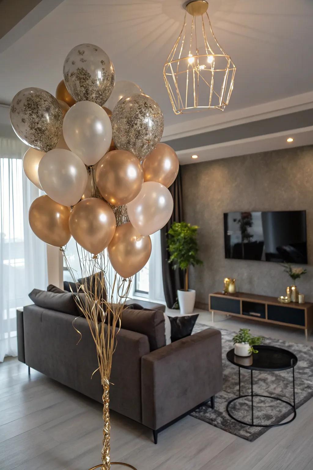 Stylish metallic and matte balloon decorations offer refinement to a birthday celebration.