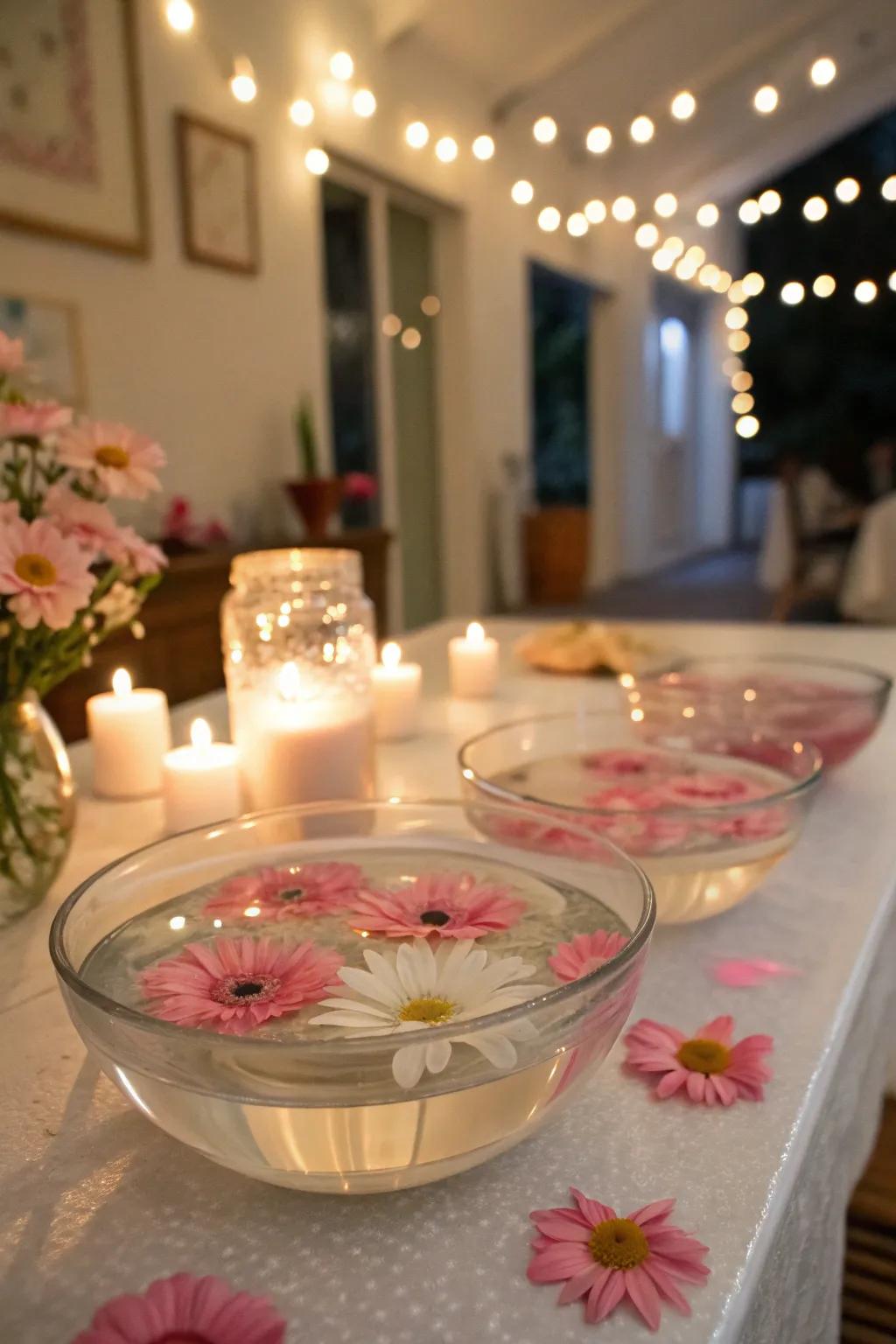 Floating floral centerpieces bring a touch of elegance to any table.