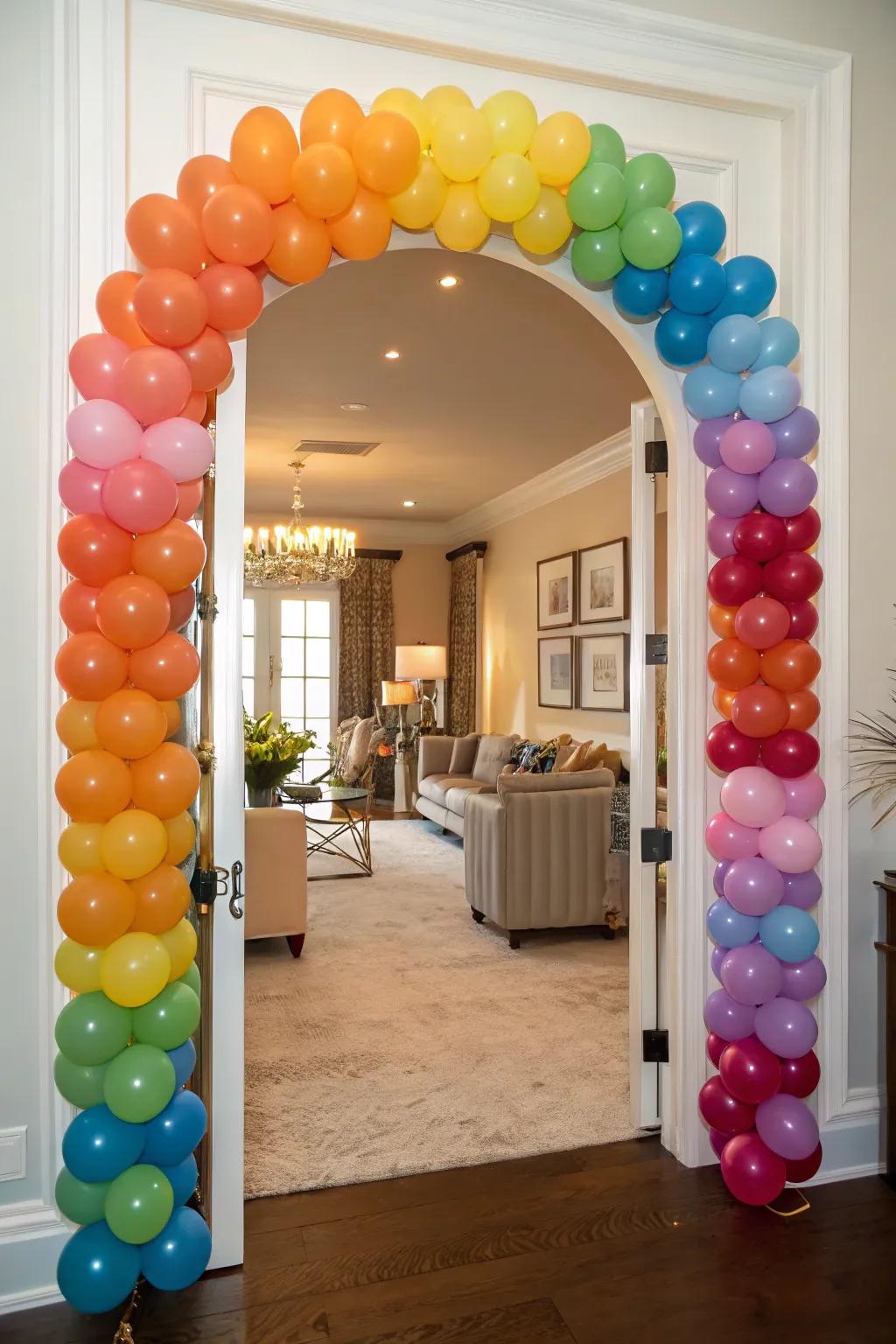 A colorful balloon arch makes for a delightful birthday entrance.