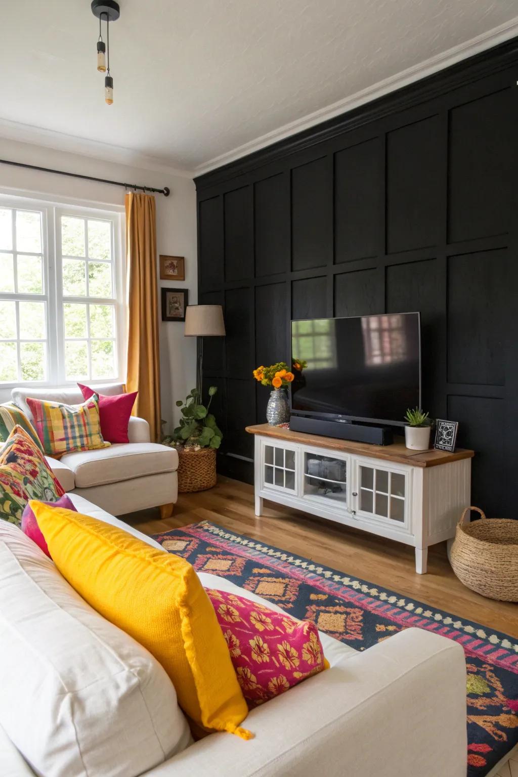 Bright decor pops beautifully against a black accent wall.