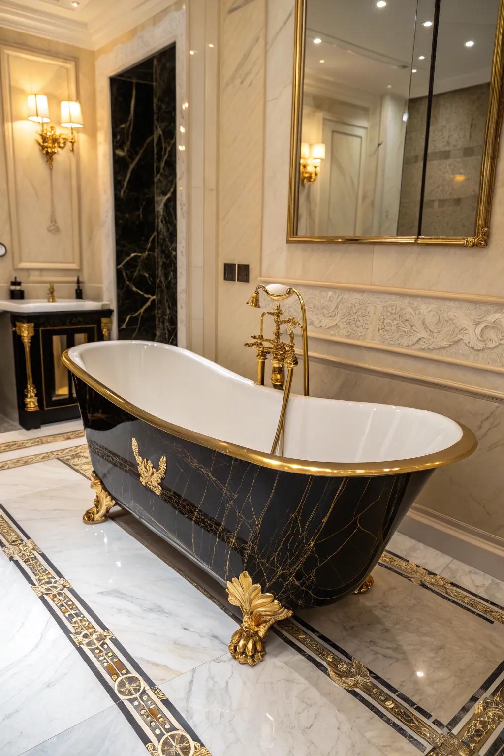 A black and gold bathtub serves as a striking focal point in the bathroom.