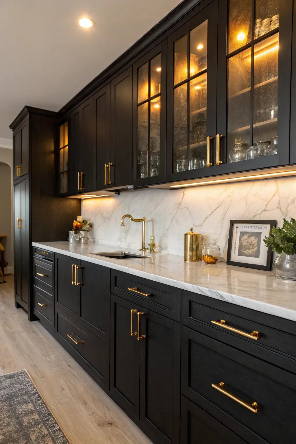 Ebony cabinets with gilded knobs evoke a bold and graceful atmosphere.