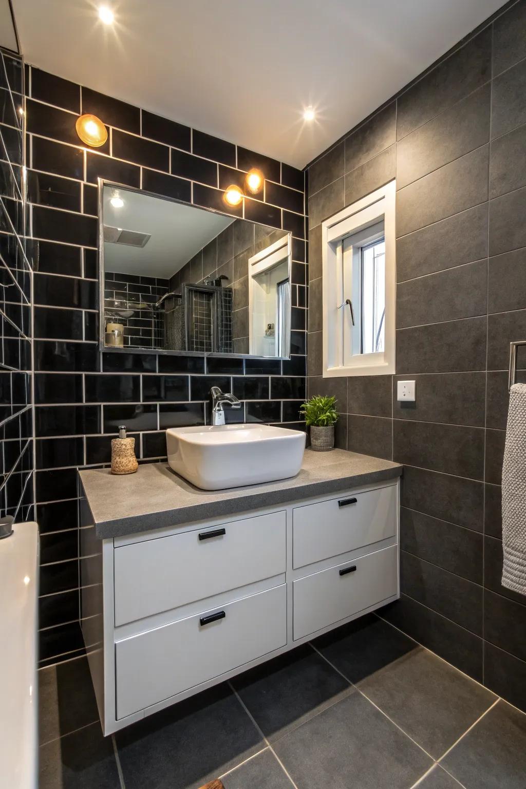 A stunning bathroom featuring dramatic black walls that create a striking contrast.