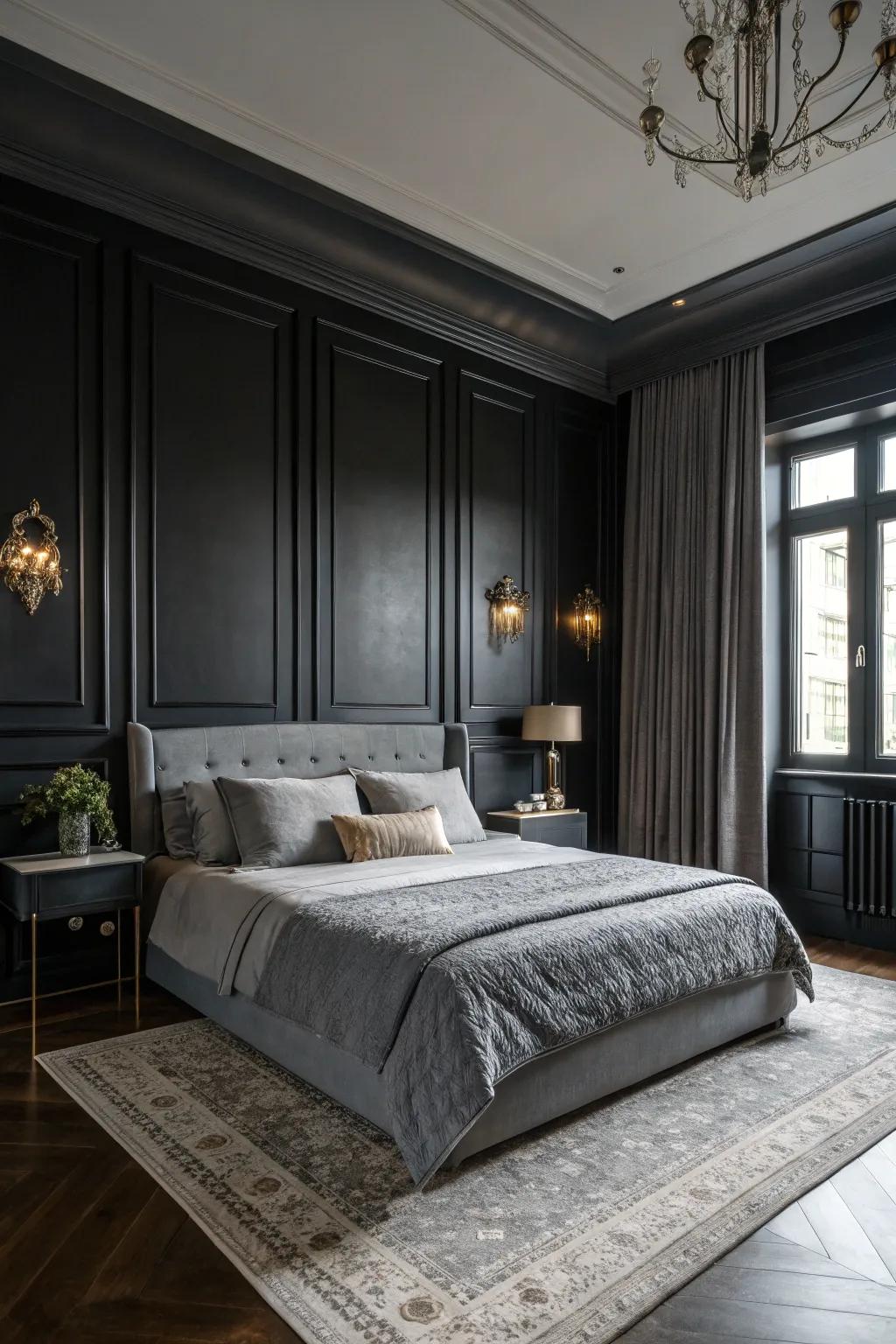 A bedroom with striking onyx walls and gray details creating a dramatic atmosphere.