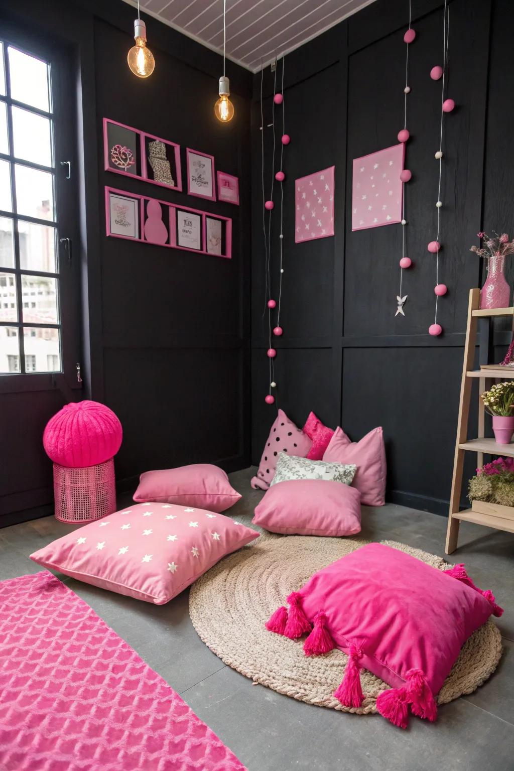 Bright pink details against black backgrounds make for an energizing and fashionable contrast.