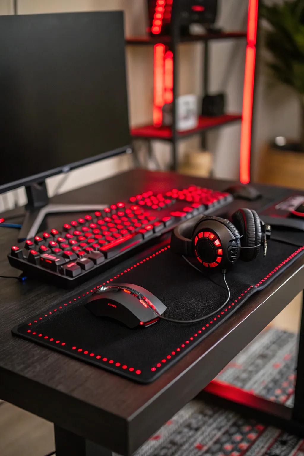 Crimson LED lights create a cozy ambiance on a black gaming desk.