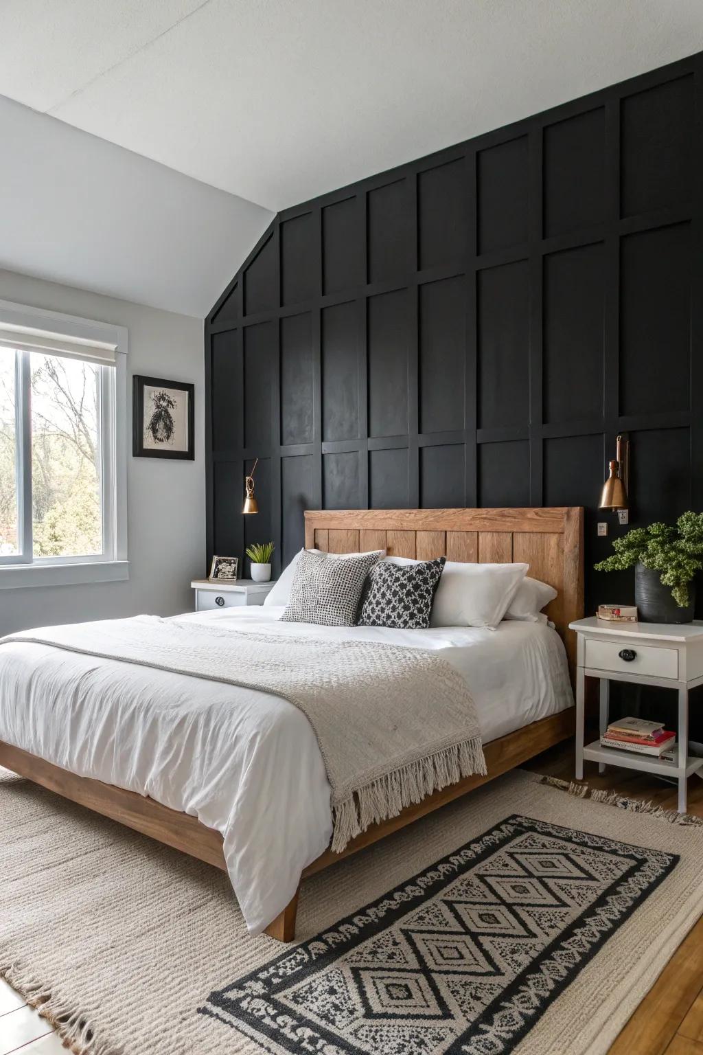 A black painted wall casts a striking contrast to your bedroom.