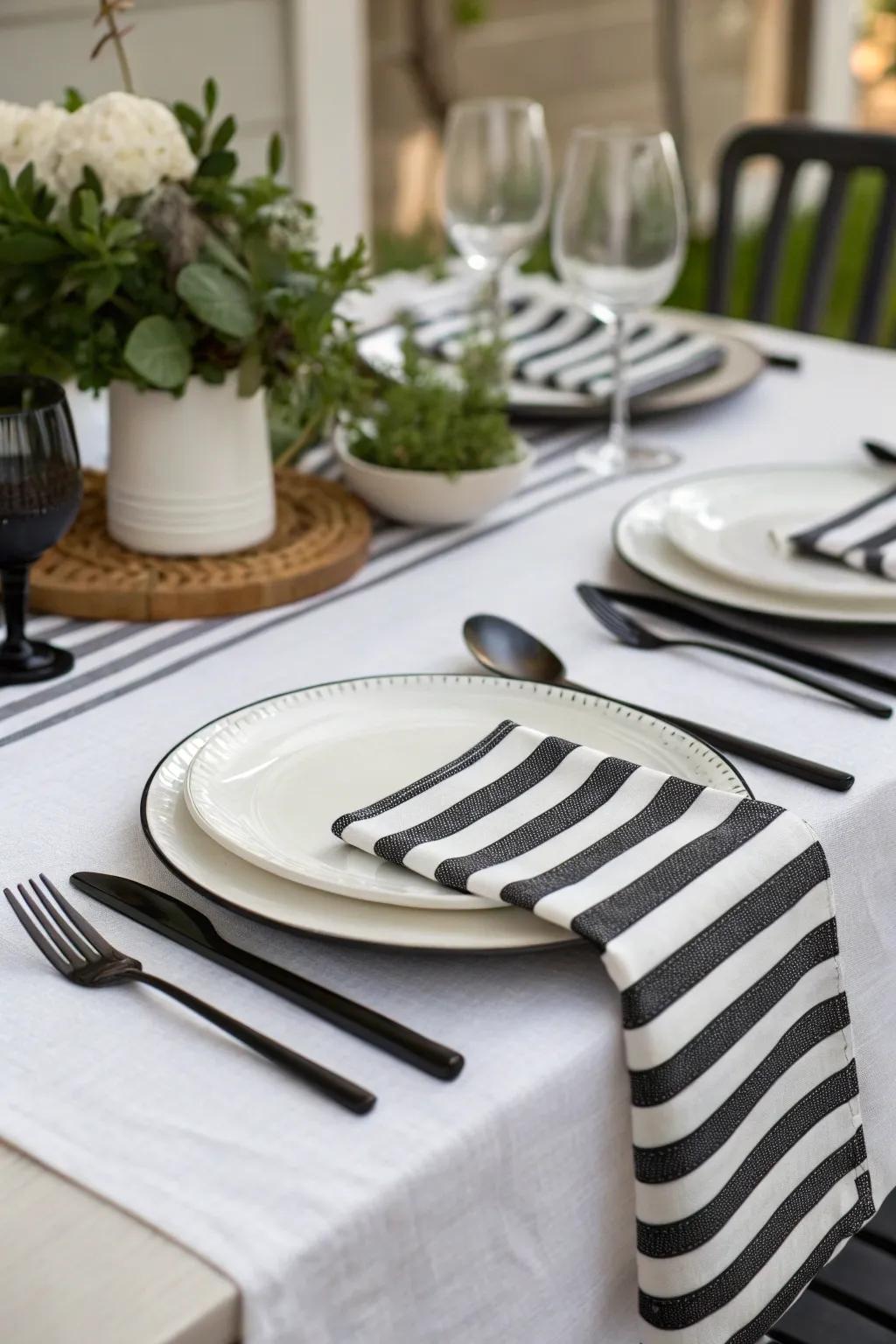 An elegant black and white table arrangement, ideal for a sophisticated meal.