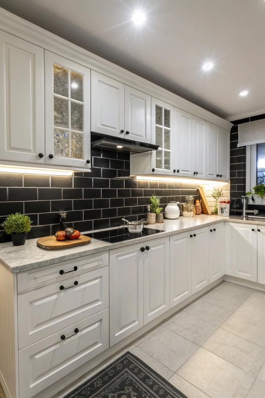A kitchen skillfully employing contrast to make a bold statement through a dark backsplash.