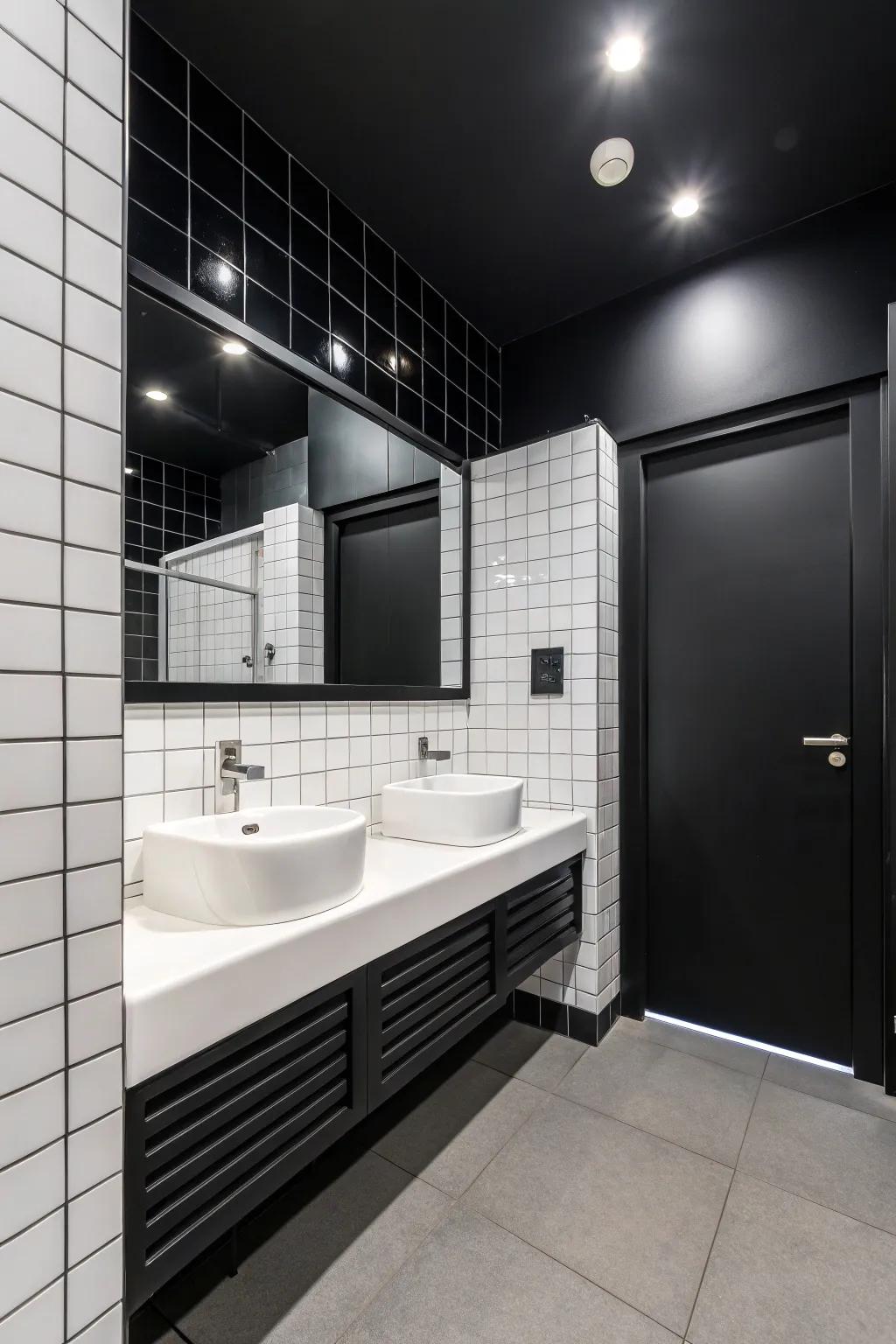 The interplay of black and white establishes a refined and timeless bathroom ambiance.