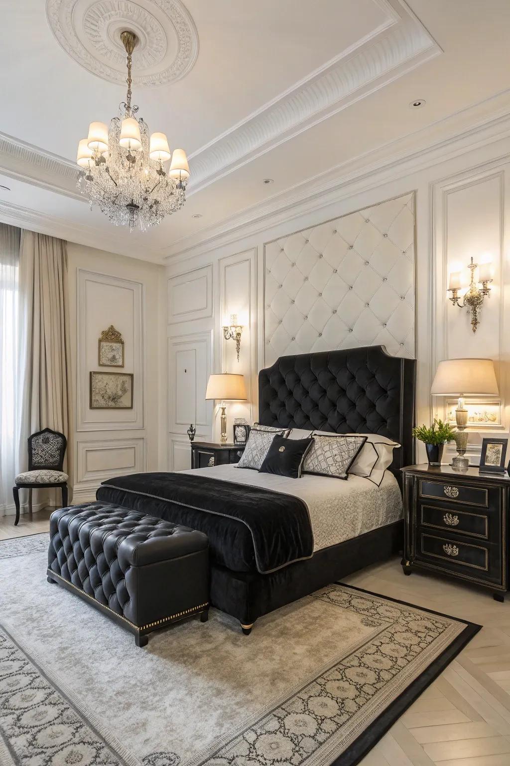 A deluxe bedroom that showcases a high-contrast color scheme.