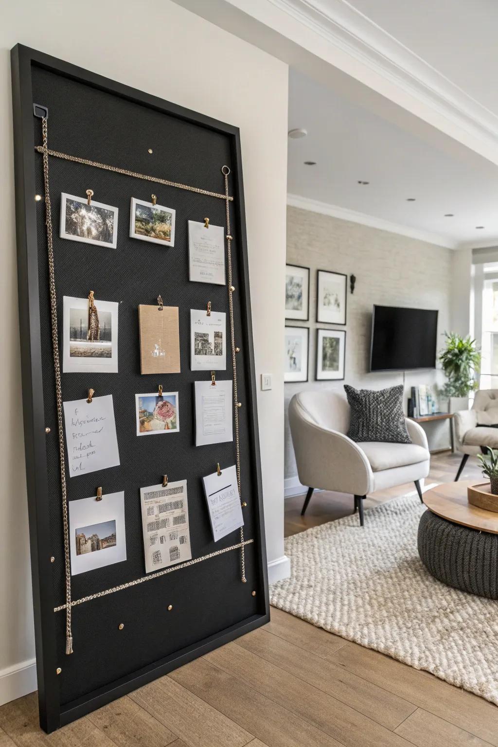 Simplicity combines with practicality on a dark display board that elegantly showcases your treasured moments.