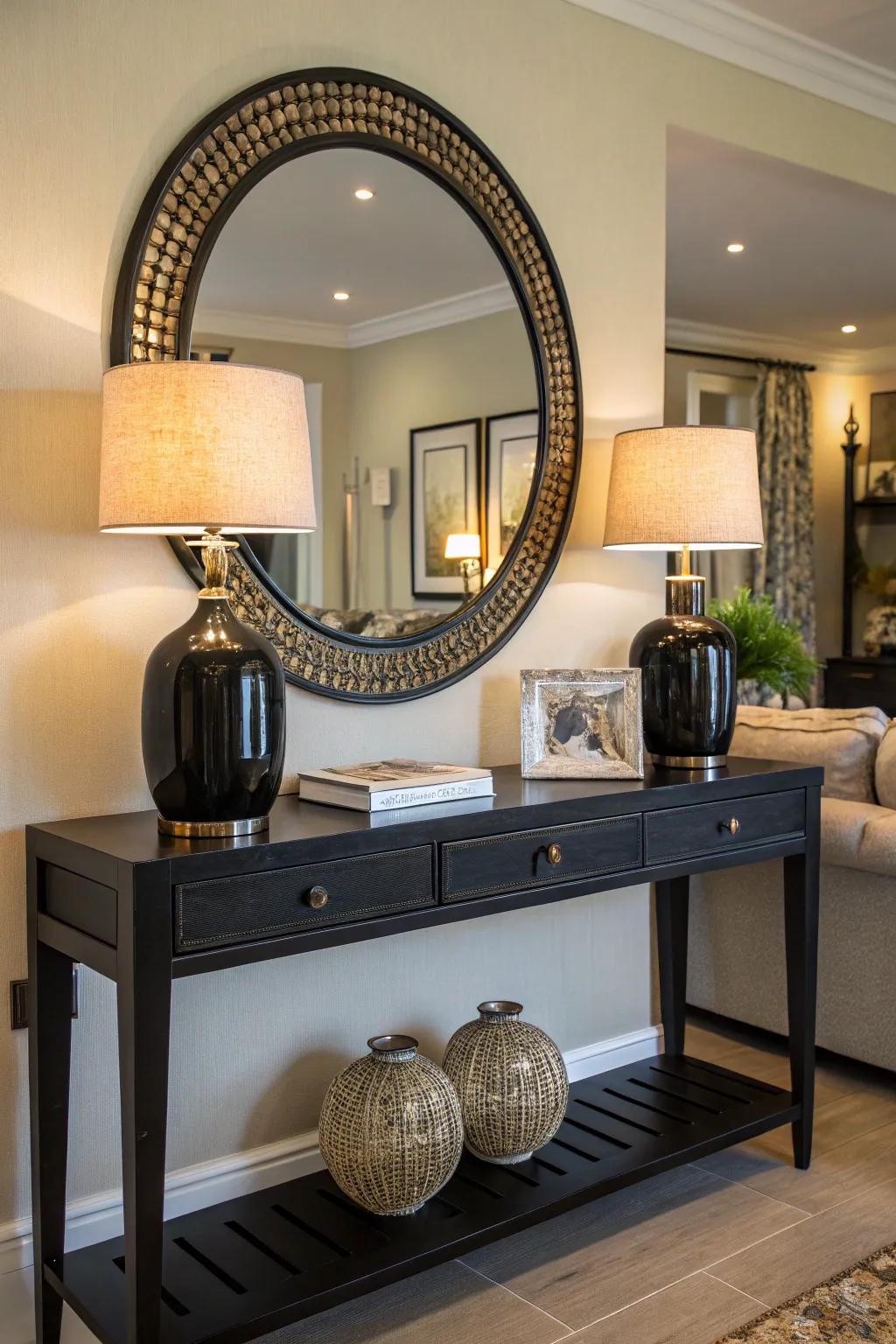 A circular mirror positioned above a dark console table amplifies space and light.