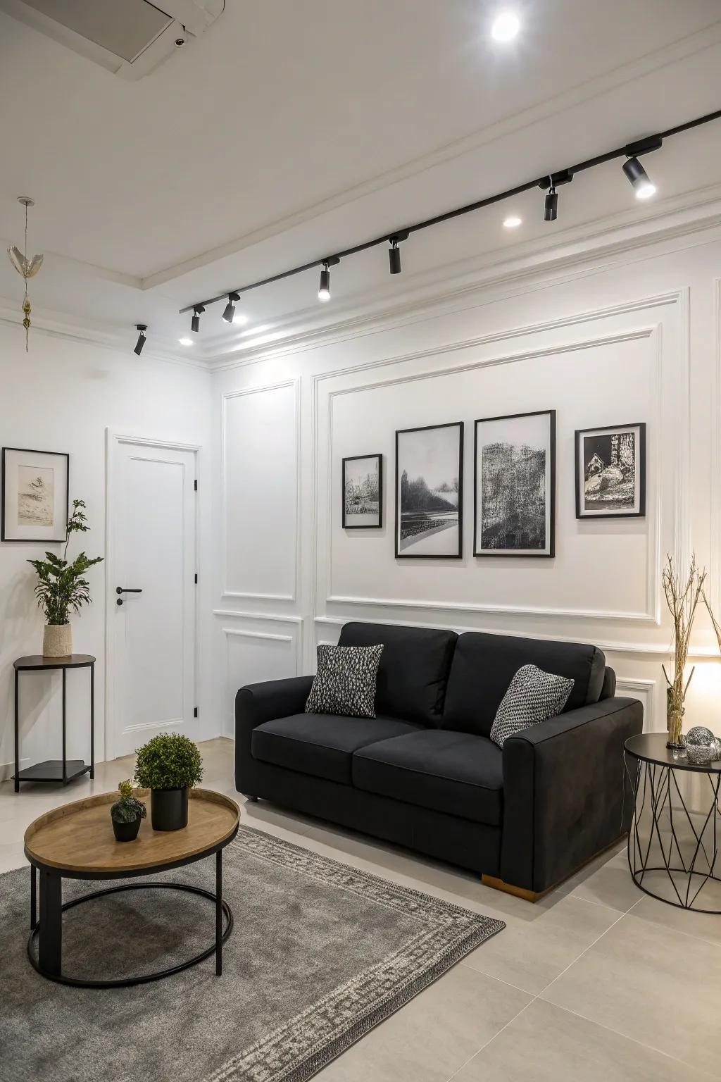 Understated elegance with a dark-colored sofa and monochrome decor.