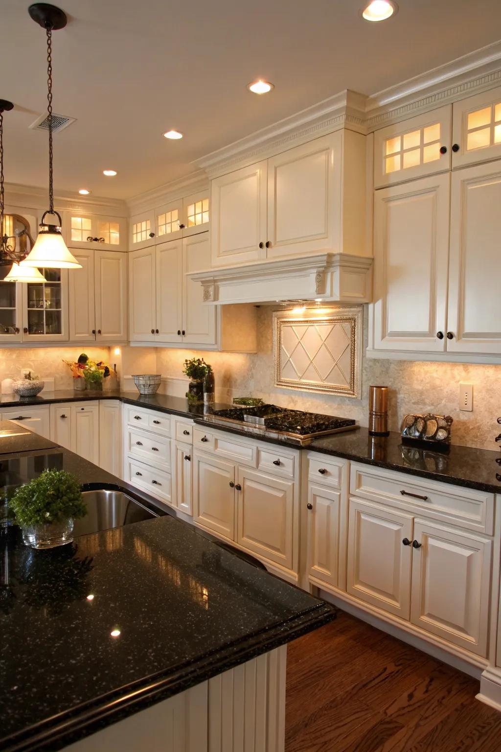 A kitchen design showcasing the classic contrast between dark and white.