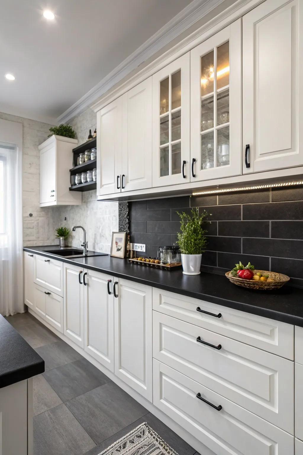 Dark worktops contrasted with white cabinetry for timeless appeal.