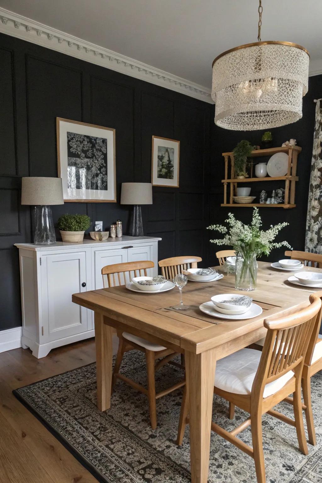 Profound charcoal walls establish a captivating scene.