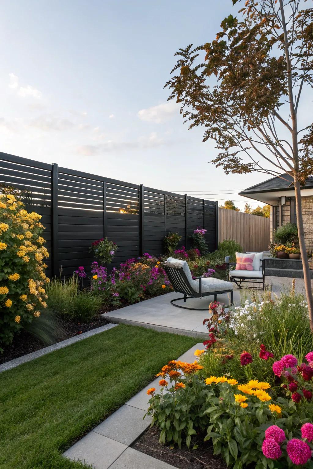 A streamlined dark fence with horizontal lines provides a stunning backdrop for vibrant garden blooms.