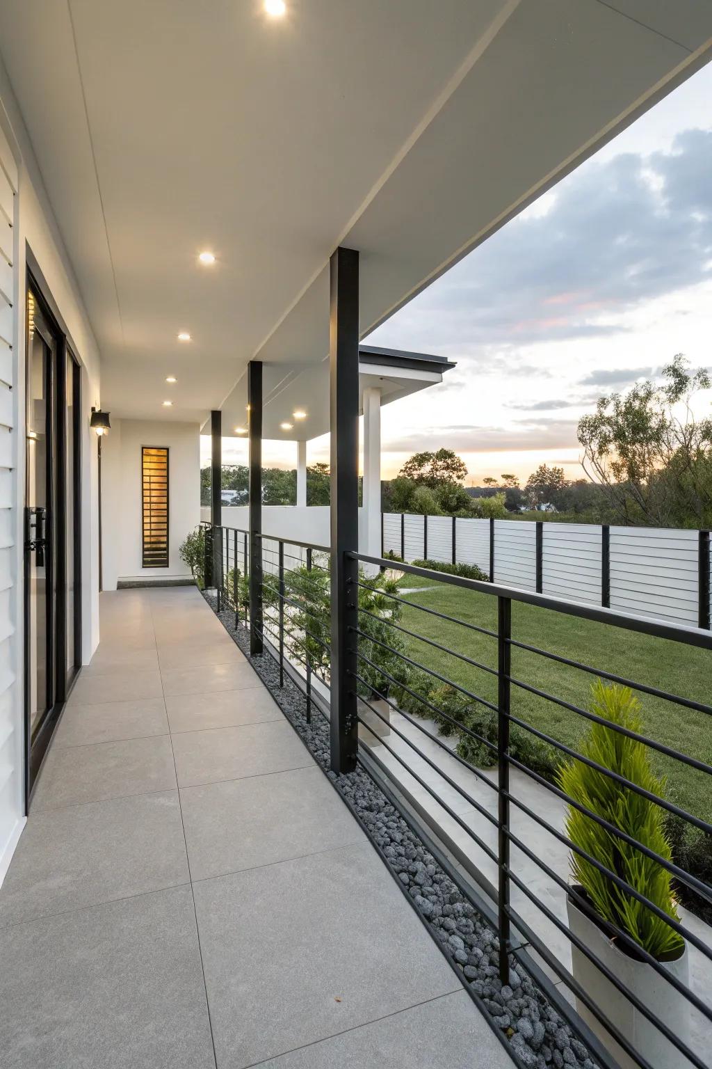 A minimalist black railing introduces a sleek component to any contemporary porch.